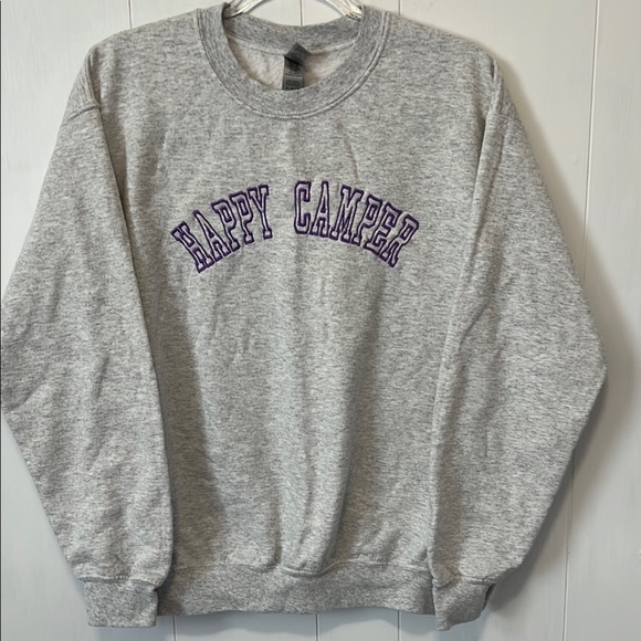 Gray Happy Camper Sweater Gildan - Picture 1 of 5